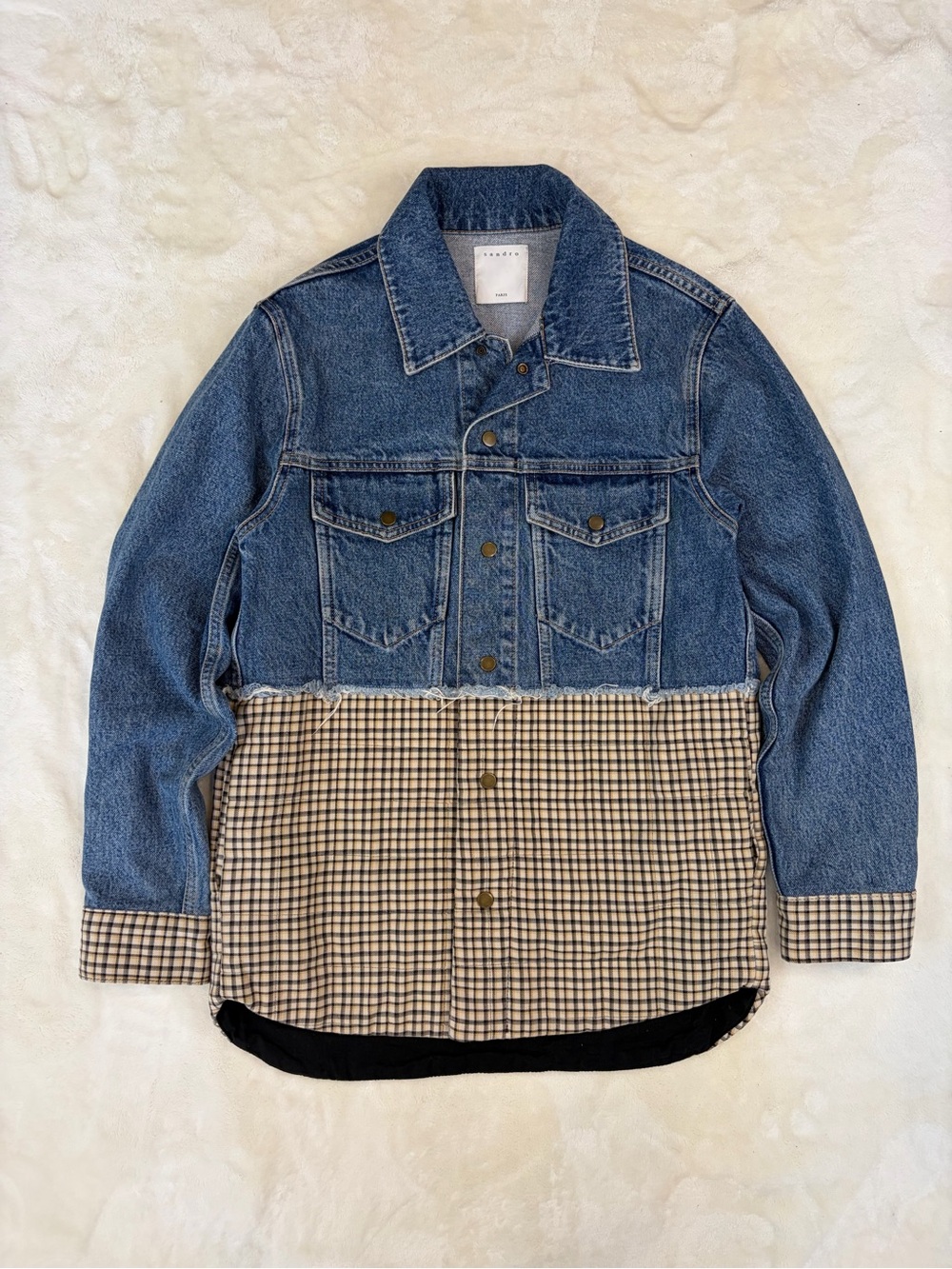 Sandro Paris Denim Plaid Mixed Media Overshirt Jacket Women’s Size 38